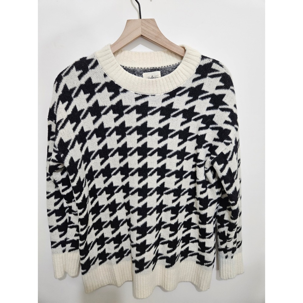 Lou & Grey Womens Black White Houndstooth Crewneck Sweater Size Medium Nylon Kni